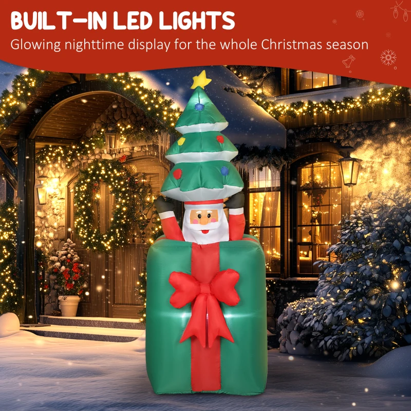 Outsunny 160-213 cm Nadmuchiwana Dekoracja Świąteczna Ruchomy Święty Mikołaj z Pudełka Prezentowego z Choinką Świąteczna Dekoracja z Wbudowanymi Światłami LED dla Trawników, Dziedzińców i Ogrodów