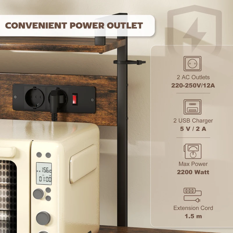 Regał kuchenny HOMCOM, stojak z gniazdkami, USB, 5 haczyków S, 5 półek, koszyk, X-wzmocnienia, kawiarnia, stal, rustykalny brąz, 90 x 42 x 130 cm