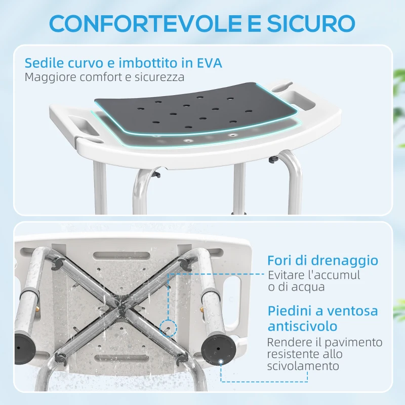 HOMCOM Sgabello da Doccia in Lega di Alluminio e Plastica Antiscivolo, Altezza Regolabile 6 Livelli 39-52cm, Grigio