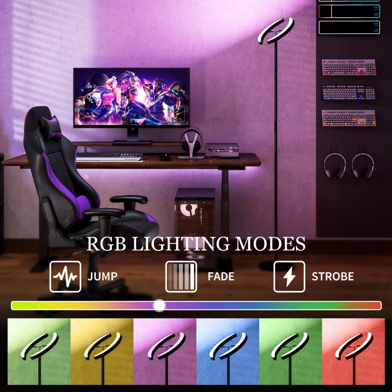 HOMCOM Lampa podłogowa LED do salonu RGB, z regulacją jasności, z obrotową podwójną głowicą, pilotem, sterowaniem dotykowym, 4 temperaturami barwowymi, timerem, nowoczesna lampa sufitowa do salonu, sypialni, biura