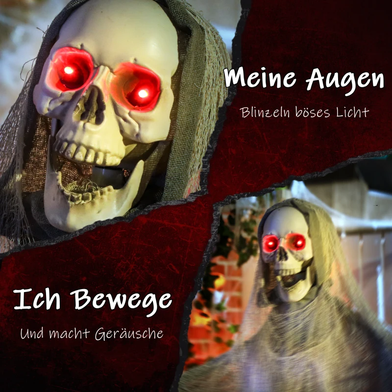 Outsunny 183cm Dekoracja na Halloween Sensenmann z LED, Funkcją Dźwiękową, Dekoracja Drzwi z Regulowanymi Ramionami, Głową, Figura Ogrodowa w Naturalnej Wielkości na Imprezę