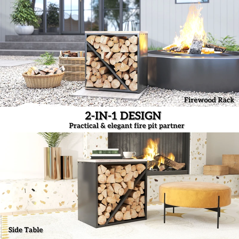 Outsunny 2-w-1 Wewnętrzny regał na drewno kominkowe 58 x 36 x 60 cm, podwyższony regał na drewno z przegrodą, stojak na drewno kominkowe, regał na drewno, metal, czarny