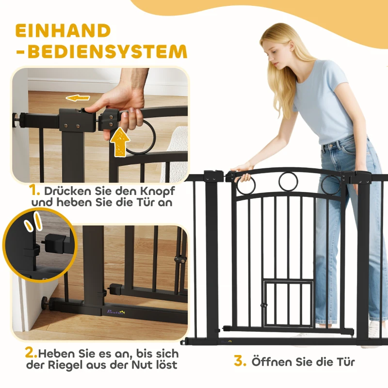 PawHut Bramka ochronna dla psów, 76-104 x 77 cm, bez wiercenia, zamykana bramka z dwustronnymi drzwiczkami dla kota, otwierana jedną ręką, dla wszystkich dużych psów, stal, czarna