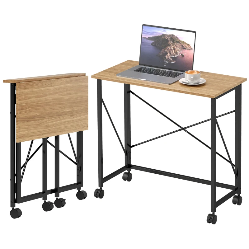 HOMCOM Small Folding Desk, 80 cm Foldable Computer Desk on Wheels for Small Space, Easy Assembly, Space Saving Writing Table for Home Office, Bedroom, Natural Tone