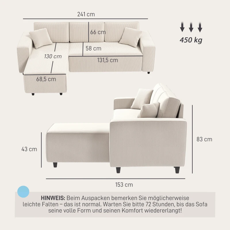 HOMCOM Sofa Narożna 3-osobowa w Kształcie L z Odwracalną Chaise Longue, 2 Poduszki, Tapicerka Sprężynowa, Narożnik z Sztruksu do Salonu Sypialni 241x153x83 cm Kremowy