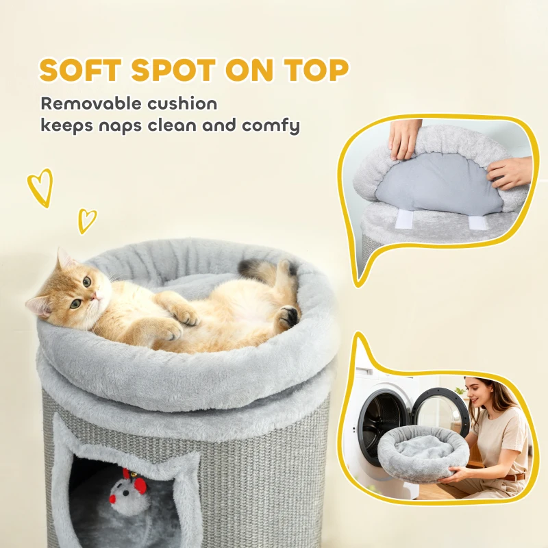 PawHut Beczka do drapania 96 cm wysokości dla kotów z 3 jaskiniami i wiszącymi zabawkami, drapak z sizalu z zdejmowanym i pralnym łóżkiem pluszowym, szary