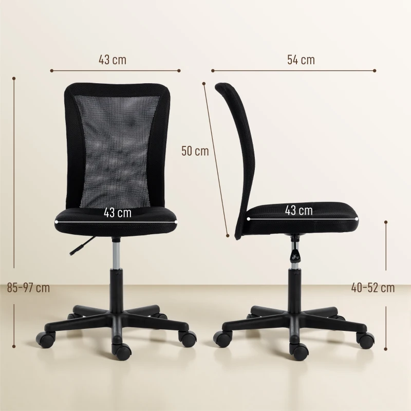 Vinsetto Computer Desk Chair, Armless Mesh Office Chair with Adjustable Height and Rolling Wheels, Black
