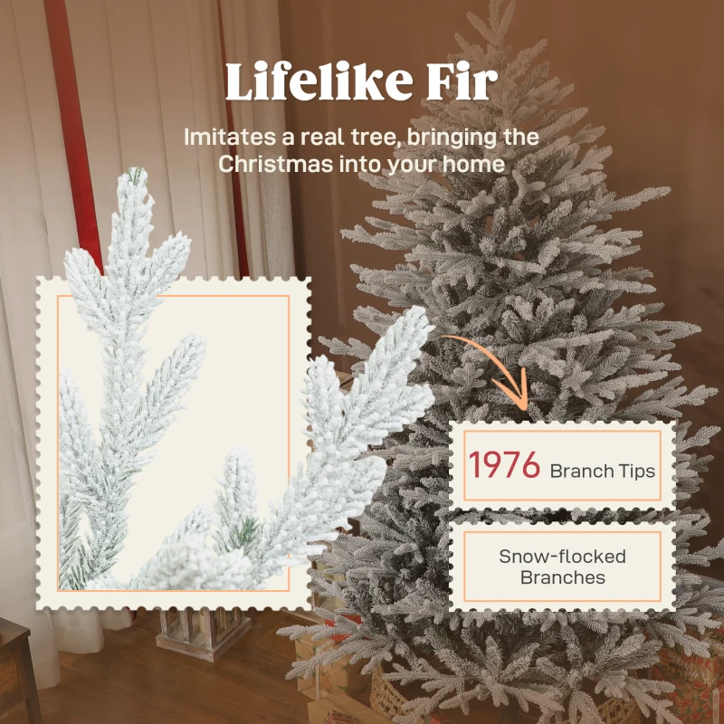 Sztuczna Choinka HOMCOM 180 cm, Świerk ze Sztucznym Śniegiem, 1976 Szczytów, Dekoracja Świąteczna, Zawiera Składany Metalowy Stojak do Wnętrz