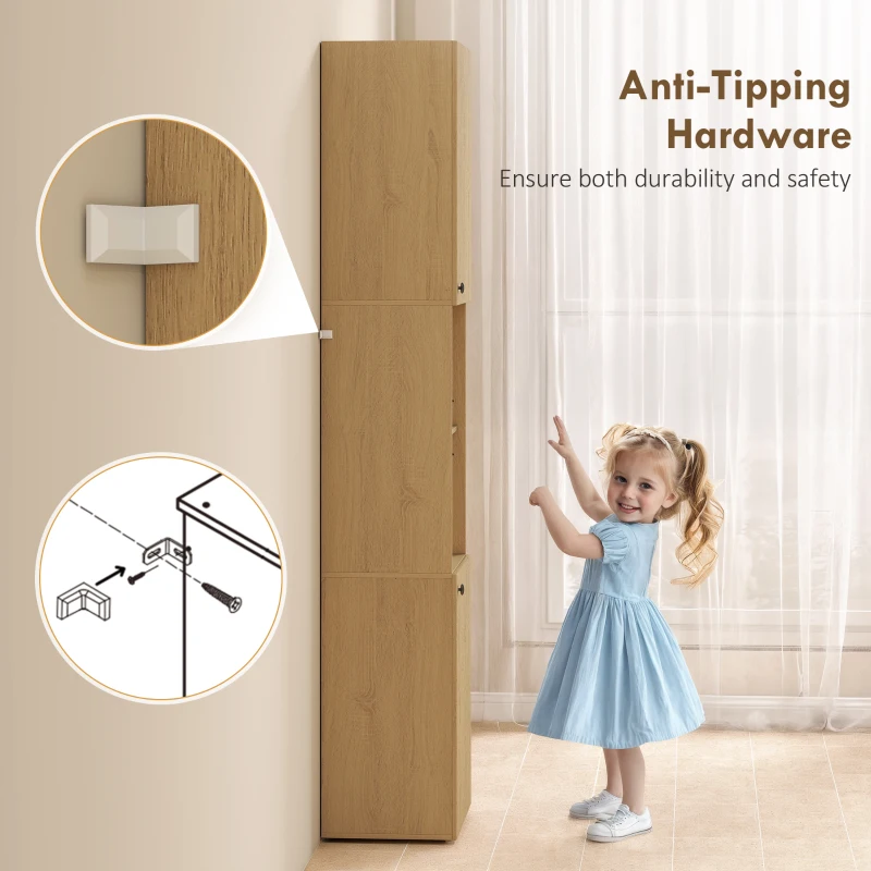 Wąska Wysoka Szafka Łazienkowa HOMCOM z 2 Drzwiami, Regulowanymi Półkami, 2 Otwartymi Przegrodami, do Łazienki, Salonu 40 x 31 x 182 cm Dąb