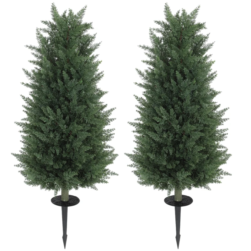 HOMCOM Set of 2 Decorative Artificial Plant, Cypress Tree with 831 Leaves and Ground Stakes, UV Resistant, Fake Plant for Home Indoor Decor, 100 cm