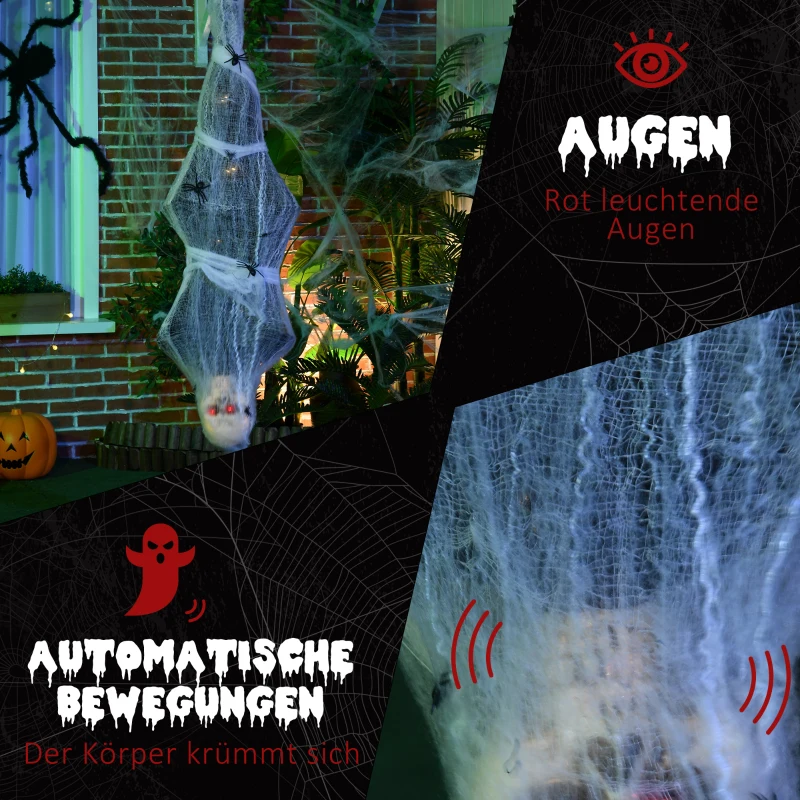 HOMCOM Mumia na Halloween 170 cm, Wiszące Szkieleto z Świecącymi Oczami, Dźwięki Horroru, Dekoracja Drzwi z Siecią Pająka w Naturalnej Wielkości do Użycia Wewnątrz i Na Zewnątrz