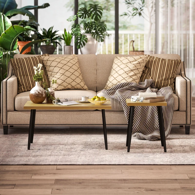 Stolik kawowy 2 szt. z ramą stalową, do salonu, naturalny