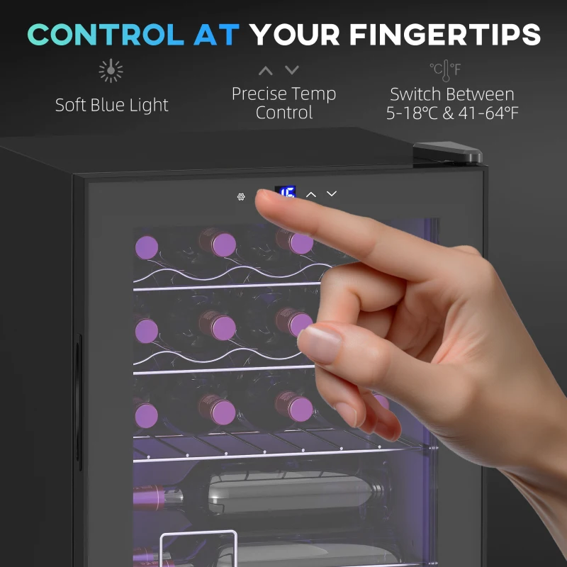 HOMCOM Wolnostojąca chłodziarka do wina, 16 butelek 42L, chłodziarka do wina 5-18°C z ekranem dotykowym, drzwiami szklanymi, oświetleniem LED, czarna