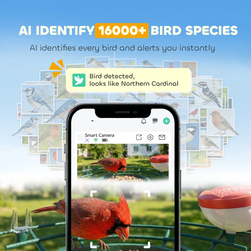 PawHut Smart Bird Feeder Camera 2K HD with AI Identifies 16,000+ Species, 2K HD Auto Capture Video, APP Instant Notifications