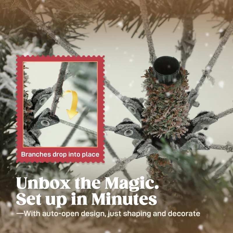 Sztuczna Choinka HOMCOM 180 cm, Świerk ze Sztucznym Śniegiem, 1976 Szczytów, Dekoracja Świąteczna, Zawiera Składany Metalowy Stojak do Wnętrz