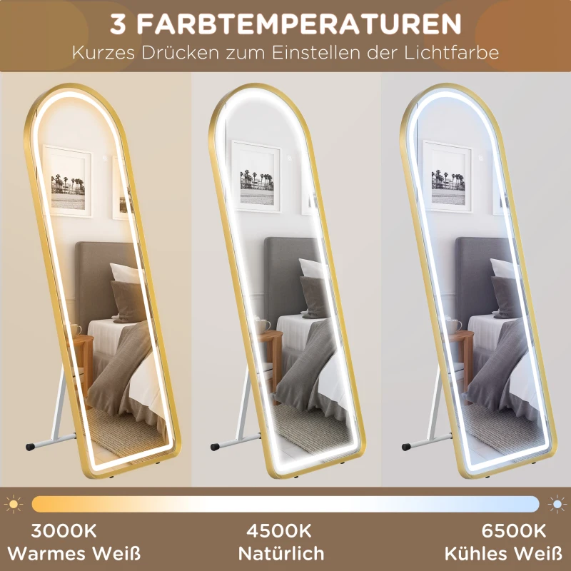 HOMCOM Arched Full Length Mirror with LED Lights, 152 x 50cm Floor Mirror, Free Standing, Wall Mount or Leaning, Dimmable Full Body Mirror with 3 Colour Lighting, Memory Function for Bedroom, Plug-in