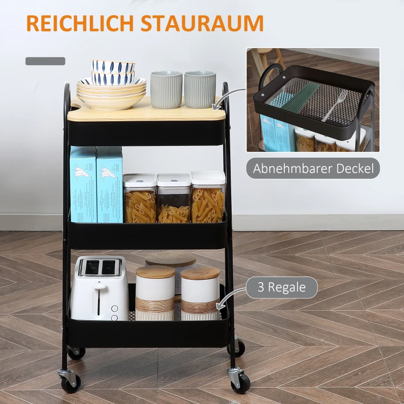 HOMCOM Wózek kelnerski z 3 poziomami, wózek kuchenny na kółkach z uchwytem, regał kuchenny z koszem i pokrywą, wózek wielofunkcyjny do kuchni, biura, łazienki, Czarny