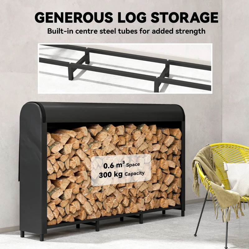 Outsunny Metalowy Regał na Drewno Kominkowe 199 x 30 x 121 cm, 0,6m³ z Wodoodporną Pokrywą, Czarny