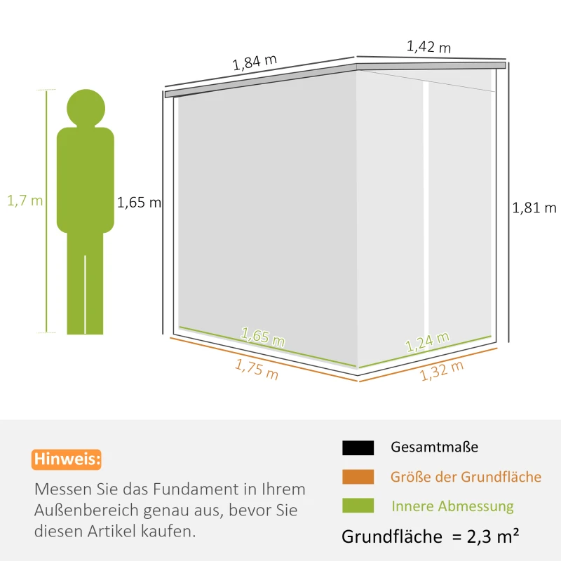 Metalowy domek narzędziowy 2,3m² z fundamentem, 142x184cm