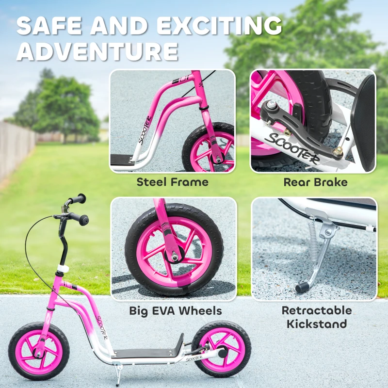 AIYAPLAY Hulajnoga dla dzieci z regulowanym kierownicą, dużymi kołami i hamulcem ręcznym, 12-calowe koła, dla chłopców i dziewczynek w wieku 5-12 lat, różowa
