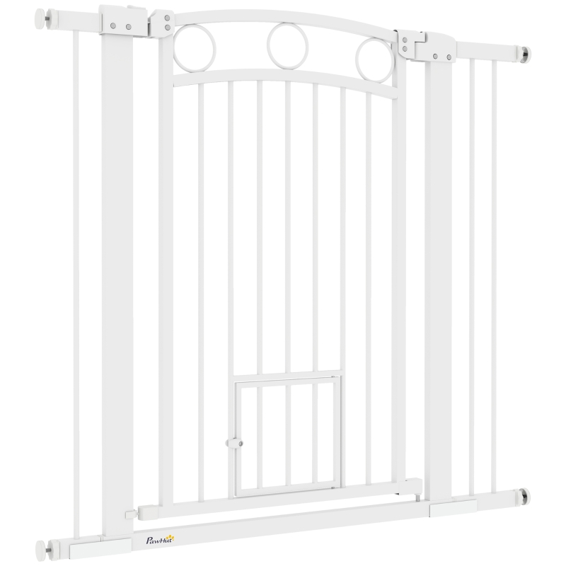 PawHut Stair Gate, 96cm Extra Tall Dog Gate with Adjustable Width 76-104cm, Pressure Fit Safety Gate with Cat Door, 7cm and 14cm Extensions, for Stairs & Doorways, Easy Installation, White