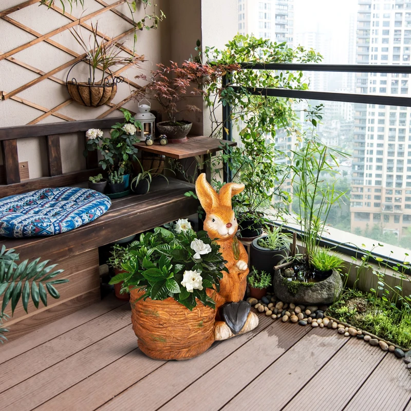 Outsunny Doniczka z Projekt "Królik z wiklinowym koszykiem", Doniczka do ziół z Otworem Drenażowym, Doniczka do Ogrodu i Salonu, MgO