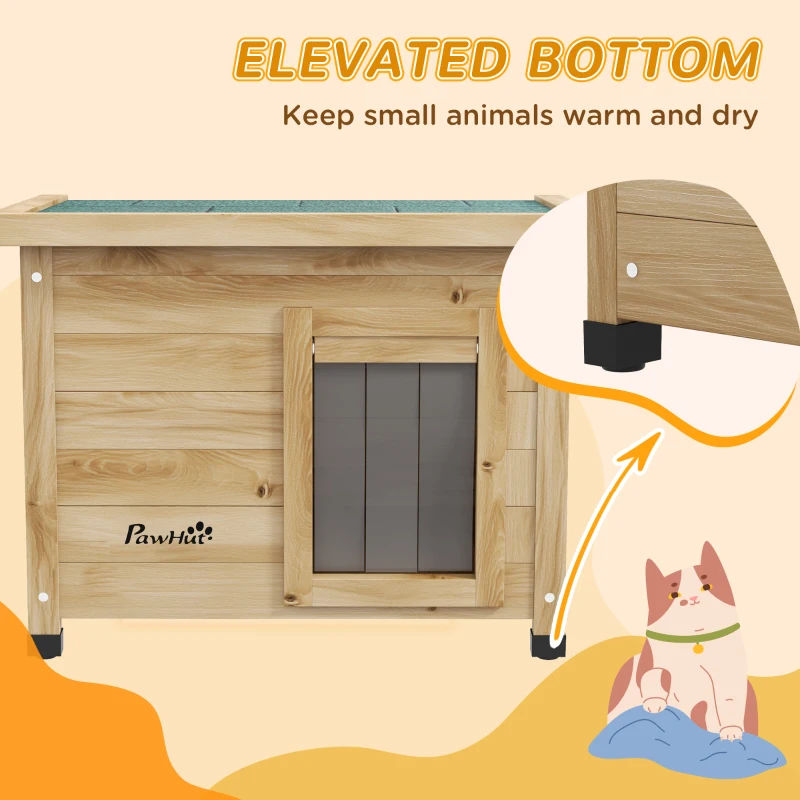 PawHut Drewniany domek dla kota na zewnątrz z zasłoną na drzwiach, Domek dla małych zwierząt z podwyższonym designem, do ogrodu, balkonu, żółty, 57 x 45 x 43 cm