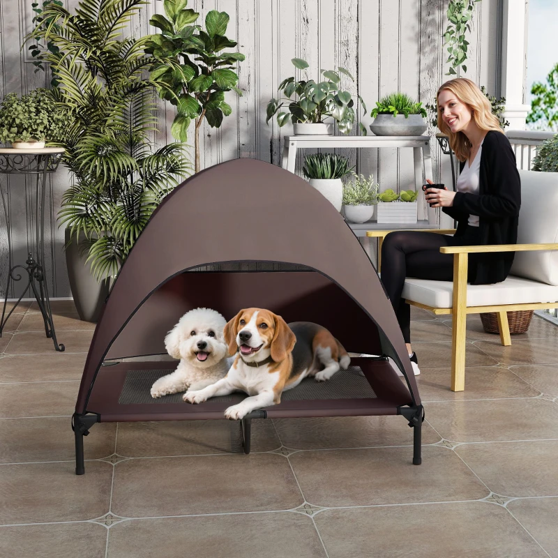 PawHut Elevated Dog Bed with Removable Canopy, Pet Bed with Storage Bag for Indoor Outdoor, for Large Dogs, 106 x 76 x 99 cm, Coffee