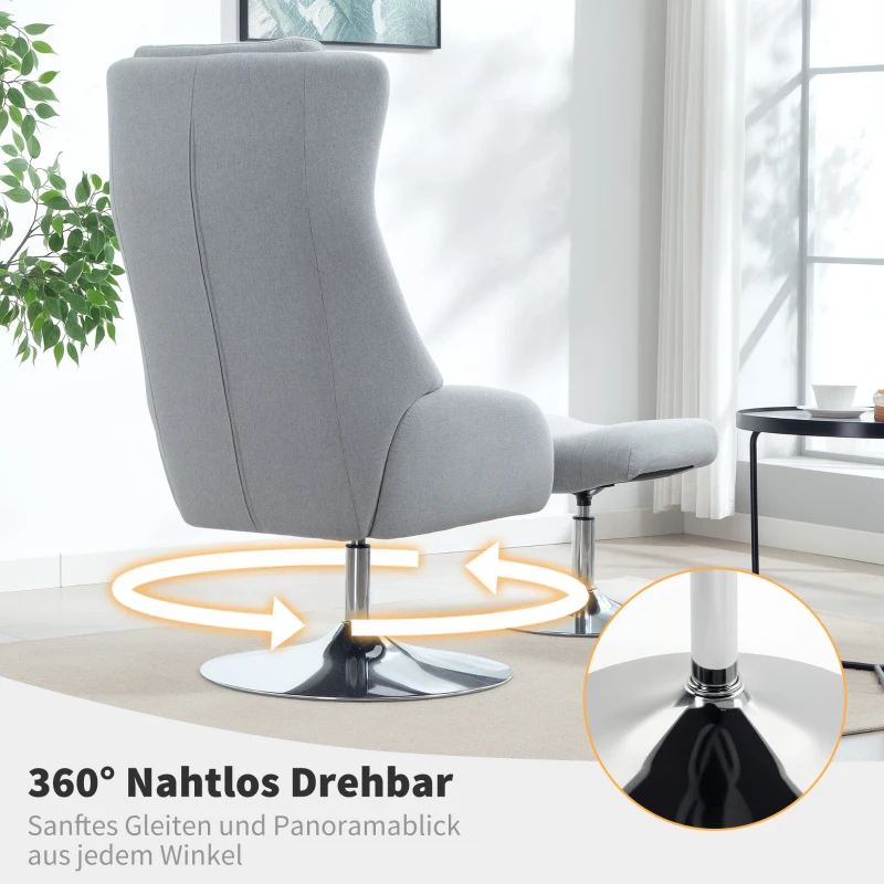 HOMCOM Fotel Relaksacyjny z Podnóżkiem, Obrotowy o 360° Fotel Telewizyjny z Wysokim Oparciem, Fotel TV z Wyglądem Aksamitu, Zagłówek, Metalowa Podstawa, Fotel Tapicerowany do Salonu, Szary