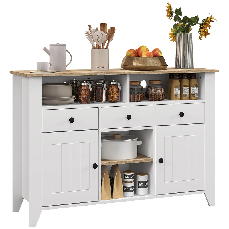 HOMCOM Aparador de Cozinha com 3 Gavetas 2 Armários 2 Prateleiras Abertas e 2 Prateleiras Ajustáveis Estilo Moderno 120x38x81,5 cm Branco