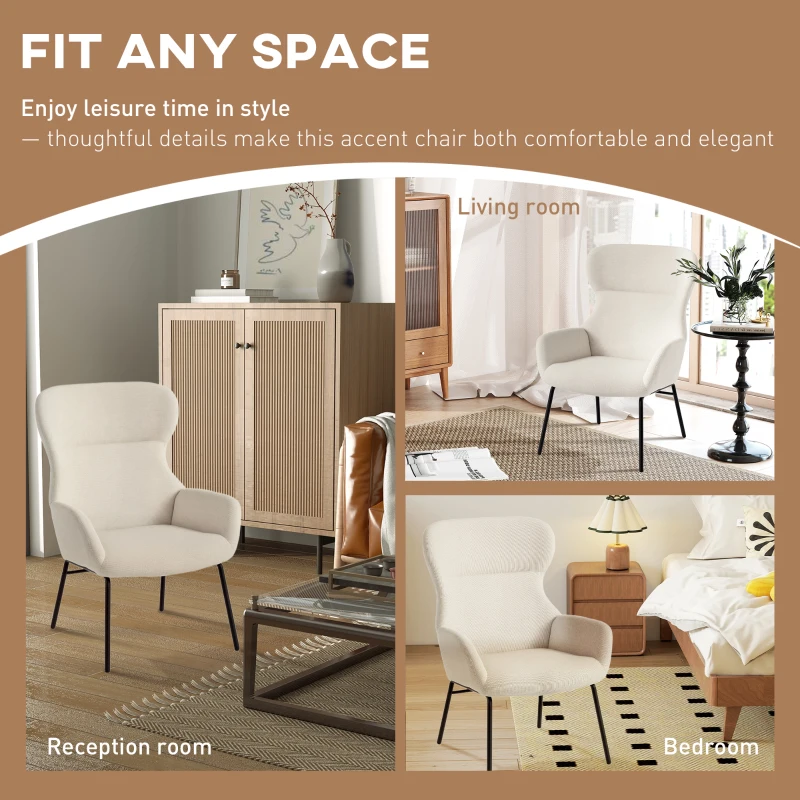 HOMCOM Fotel z uszami do salonu z wysokim oparciem, stalowe nogi, fotel tapicerowany lnianym wykończeniem, fotel do czytania do sypialni, kremowy biały