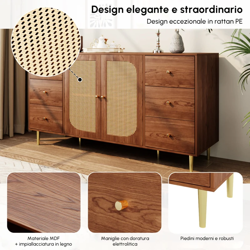 Credenza in rattan con cassetti per cucina e soggiorno, 160x40x90 cm, Marrone