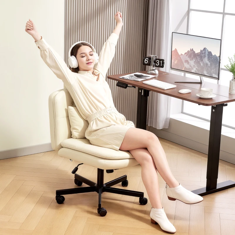 HOMCOM Armless Office Chair, PU Leather Criss Cross Legged Desk Chair with Wide Seat, Double-Tier Padding, Throw Pillow and Tilt Function, Height Adjustable Swivel Computer Seat for Home, Beige