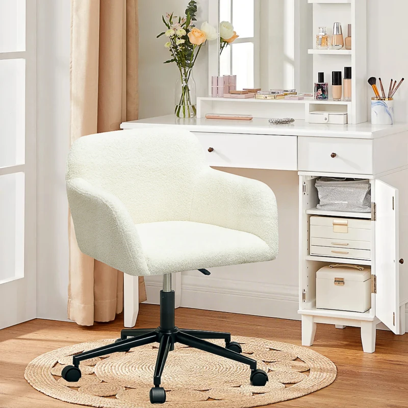HOMCOM Computer Desk Chair, 360° Swivel Office Chair, Teddy Fleece Fabric Vanity Chair with Height Adjustable for Living Room, Bedroom, Home Office, Cream White