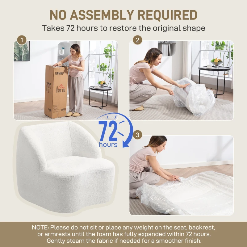 HOMCOM Modern Armchair, Accent Chair with Curved Design, Upholstered Sherpa Fleece Cosy Chair for Living Room, Bedroom, Home Office, No Assembly Required, Cream White