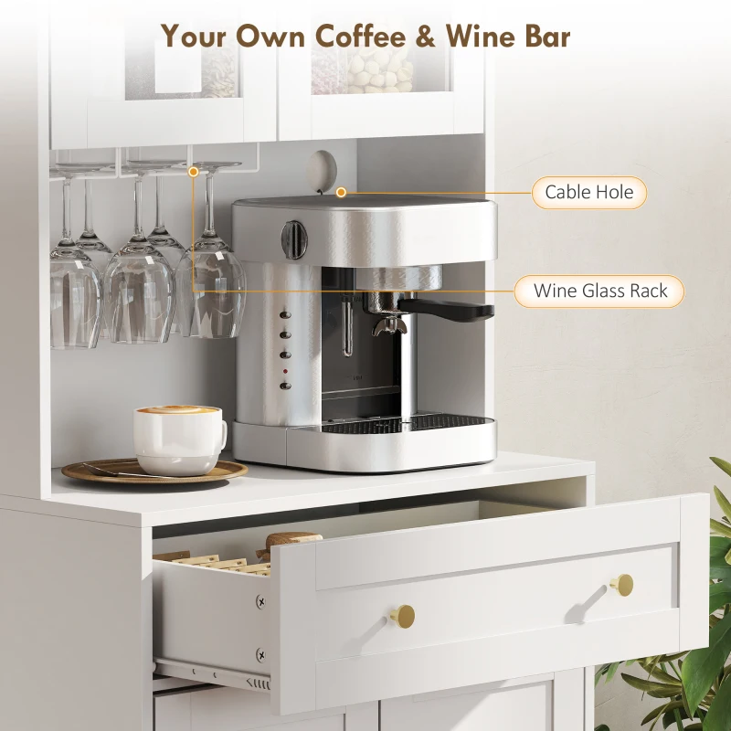 HOMCOM Szafka Kuchenna, Bufet z Blatem Roboczym, Regulowanymi Półkami, 4 Drzwiami, Szufladą, Szafka na Zapasy, Wysoka Szafka z Funkcją Soft-Close, Otwór na Kable, 68 x 38 x 170 cm, Biały