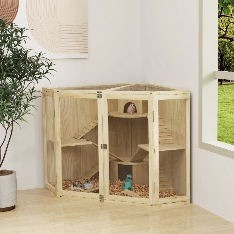 PawHut Wooden Hamster Cage, 4 Tier Mouse Cage with Feeder, Seesaw, Ramp, Huts, for Dwarf, Syrian Hamster, Gerbils, 115 x 69.5 x 79cm