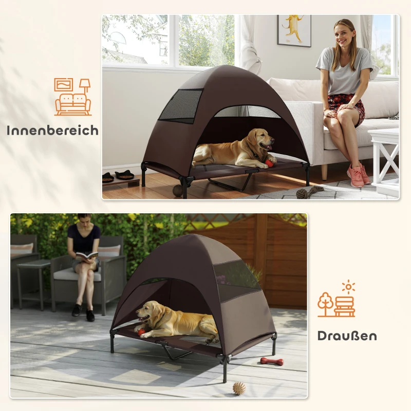 PawHut Elevated Dog Bed with Removable Canopy, Pet Bed with Storage Bag for Indoor Outdoor, for Large Dogs, 106 x 76 x 99 cm, Coffee