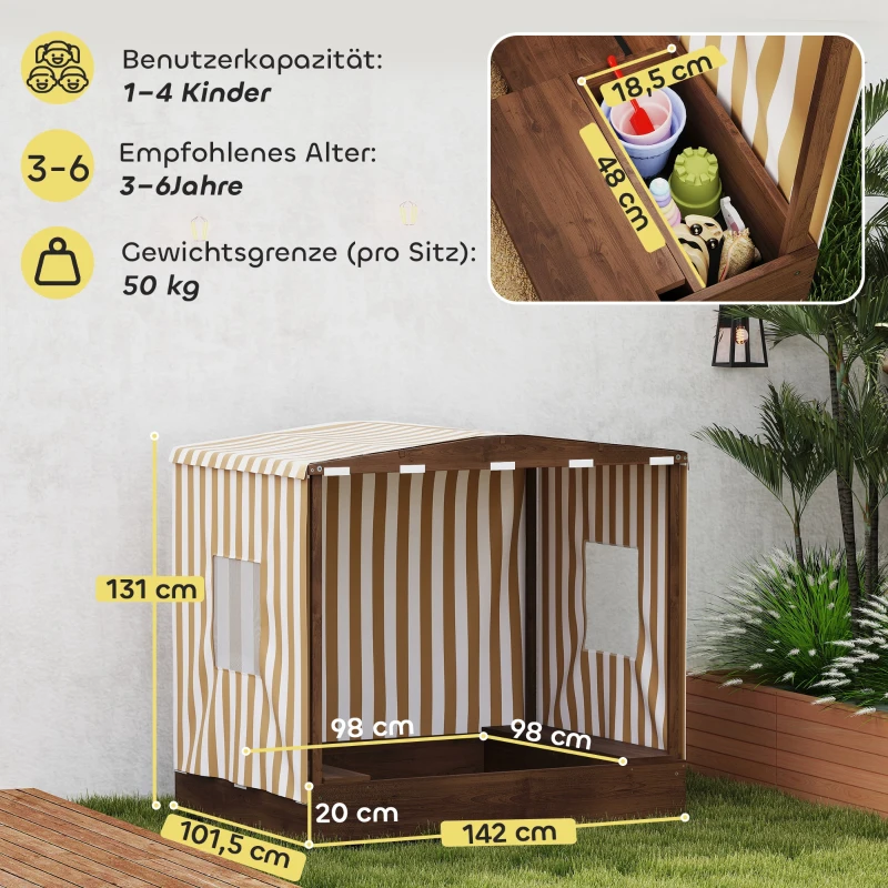 Drewniany piaskownica z daszkiem i siedziskiem, z siatką