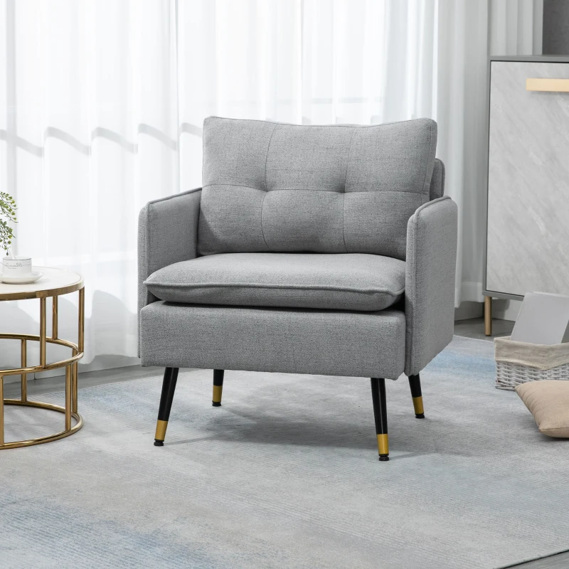 HOMCOM Fauteuil scandinave dossier capitonné avec passepoil en tissu 72 x 70 x 80 cm gris clair et pieds en métal noir et doré