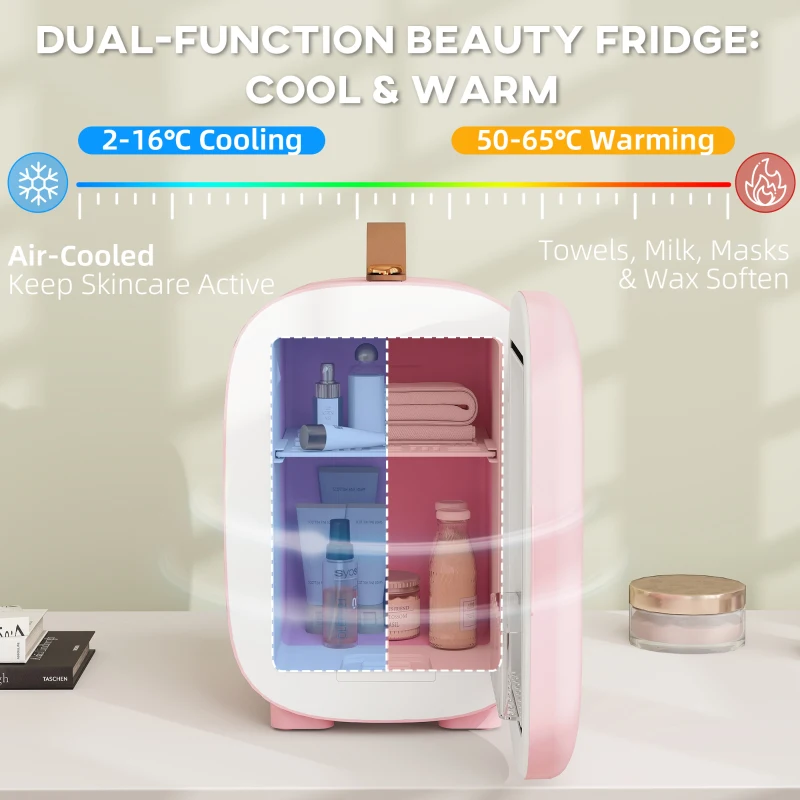 HOMCOM Mini Lodówka 4 L Mała Kosmetyczna Lodówka z Funkcją Chłodzenia i Podgrzewania, Przenośna Lodówka do Kosmetyków, Napojów, Owoców, Kremowy