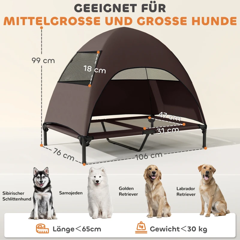 PawHut Elevated Dog Bed with Removable Canopy, Pet Bed with Storage Bag for Indoor Outdoor, for Large Dogs, 106 x 76 x 99 cm, Coffee