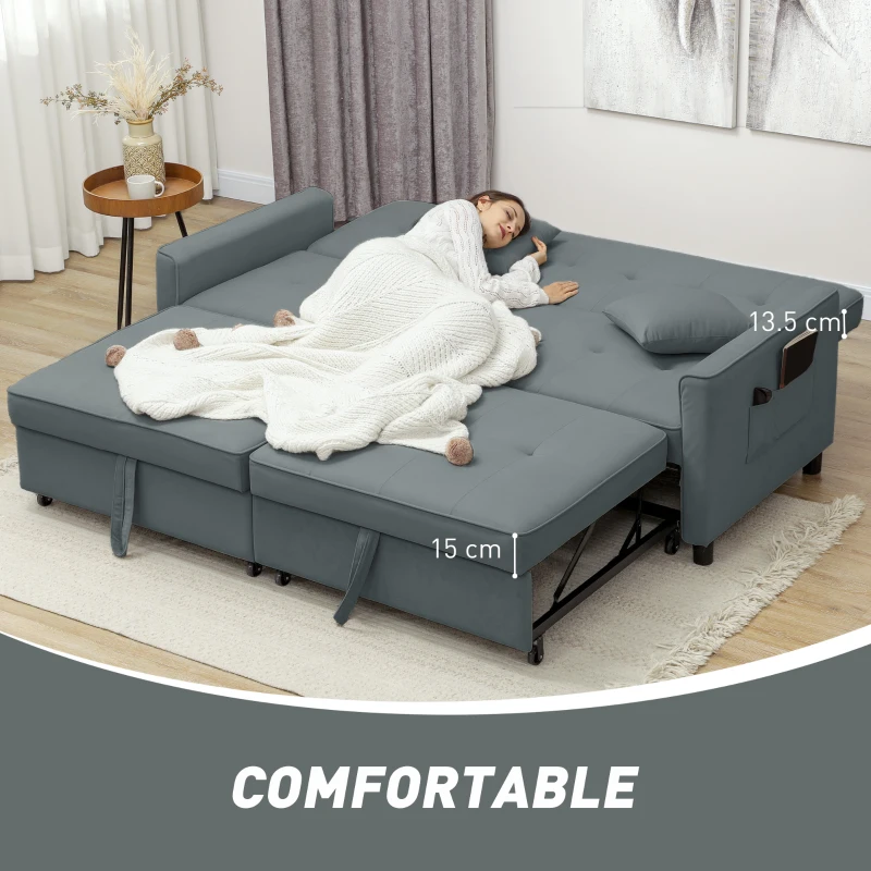 HOMCOM Sofa rozkładana 3-w-1, 3-osobowa kanapa 196x90 cm z funkcją spania, regulowane oparcie, narożnik z poduszkami, styl welur, do salonu, sypialni, szary