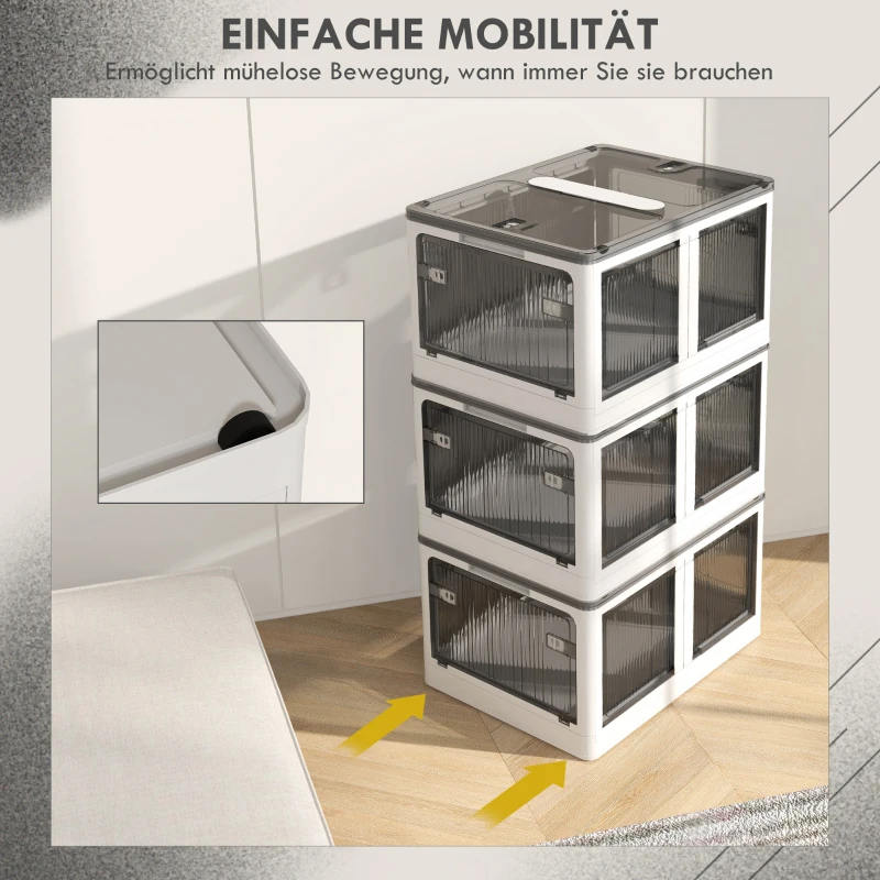 HOMCOM Stackable Storage Bins with Lids, 3 Packs Collapsible Storage Bins, Foldable Storage Box on Wheels with 5-sided Access, Plastic Storage Container with Doors, 69L, White