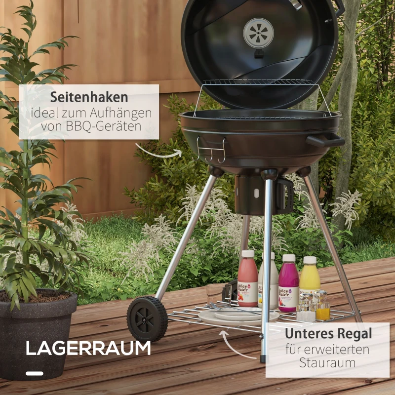 Outsunny Grill węglowy, grill ogrodowy z rusztem, kółkami, półką, tacką na popiół, wbudowanym termometrem do BBQ Metal Czarny 55 x 65 x 89 cm