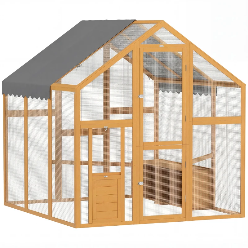 PawHut Gallinero de madera con recinto, cerradura de seguridad, puerta, 4 cajas nido, para 8-12 gallinas, aprox. 2,8 x 1,8 x 1,9 m, Amarillo