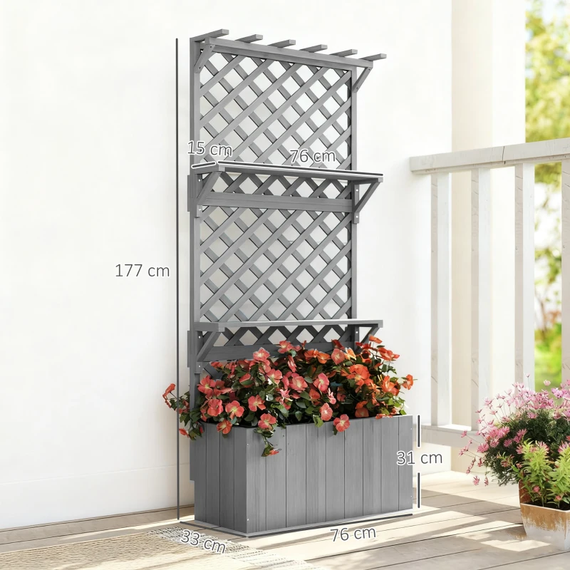 Outsunny 52L Wooden Planter, with Trellis and Shelves - Grey