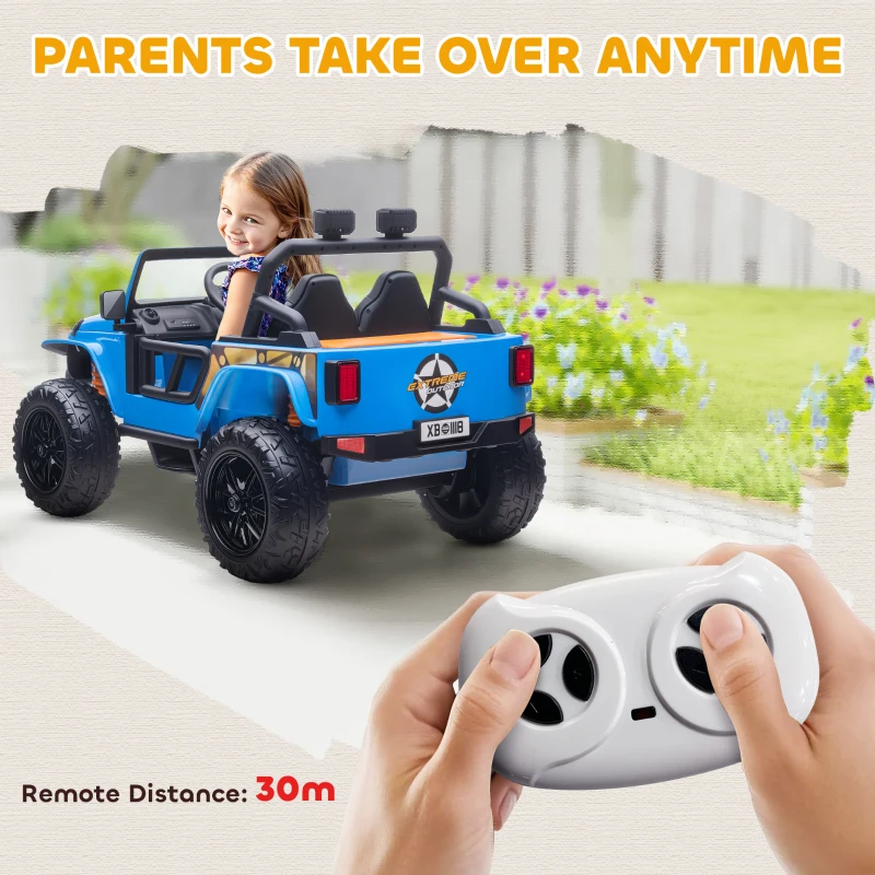 AIYAPLAY Elektryczny samochód dla dzieci, 12V z pilotem, 2 silniki, pojazd dziecięcy z klaksonem, LED, muzyką, siedzeniem dla rodzica i dziecka, 4 amortyzowane koła, dla dzieci 3-8 lat, Niebieski