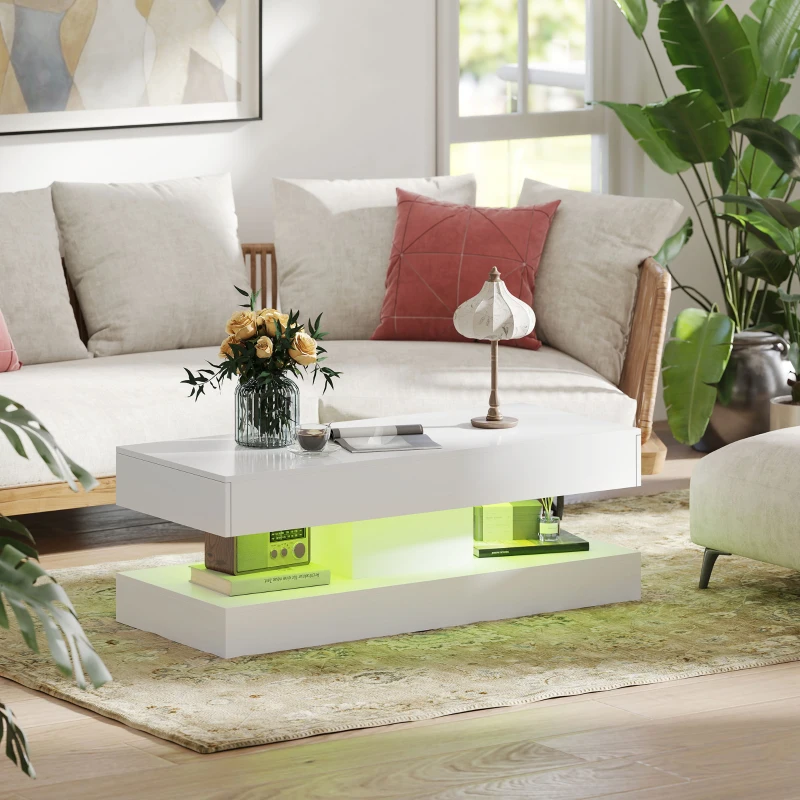 HOMCOM Coffee Table with Storage and 12 Colours LED Lights, Modern High-Gloss Rectangle Living Room Table with 2 Drawers & Open Shelf, 120 x 50 x 42 cm, White