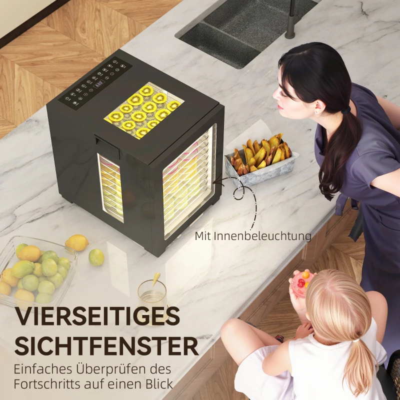 HOMCOM Food Dehydrator with 12 Stainless Steel Tray, 850W Food Dryer Machine with LED Touch Panel, 40-70℃ Adjustable Temperature, 48H Timer for Drying Fruit, Meat, Vegetable, Jerky, Pet Treat, Black